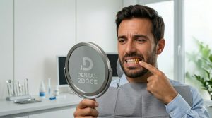 Un paciente verificando que sus caninos están correctamente.